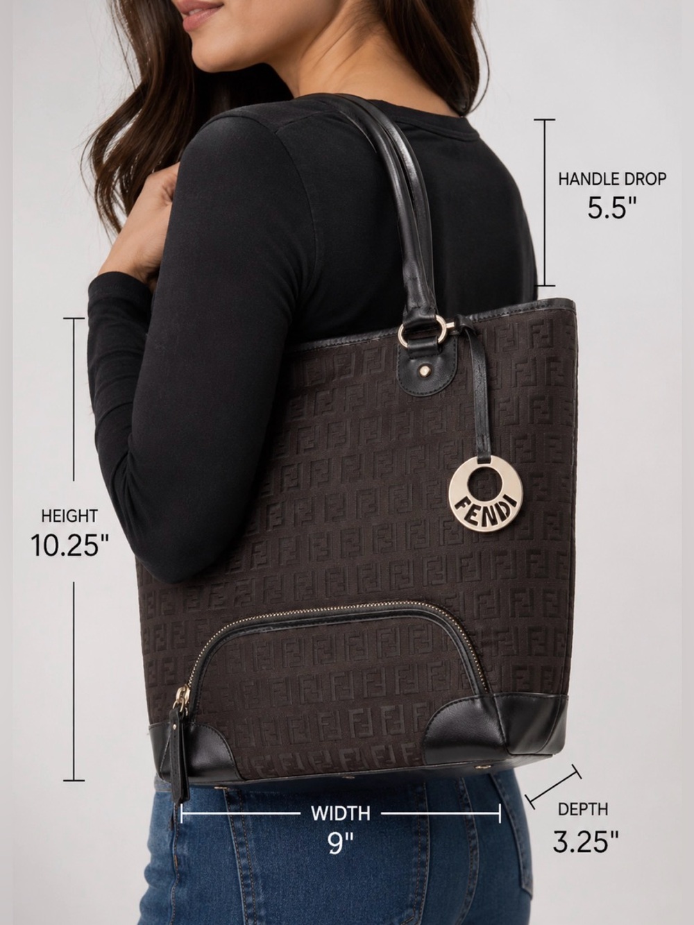 Fendi Zucchino Dark Brown Zucca Logo Tote Bag purse Front Zip Pocket